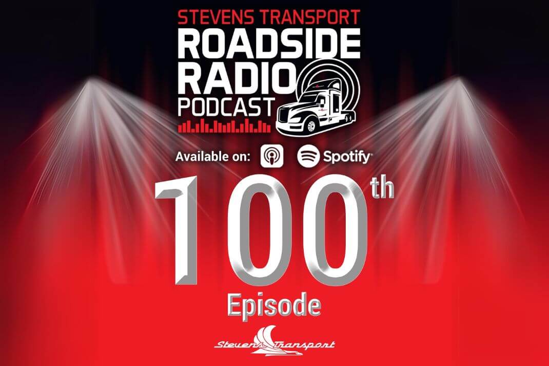 Image of red stage curtains with spotlights celebrating the 100th episode of the Stevens Transport Roadside Radio Podcast.