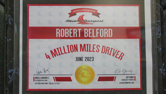 image of Robert Belford's 4 Million Mile Driver recognition certificate